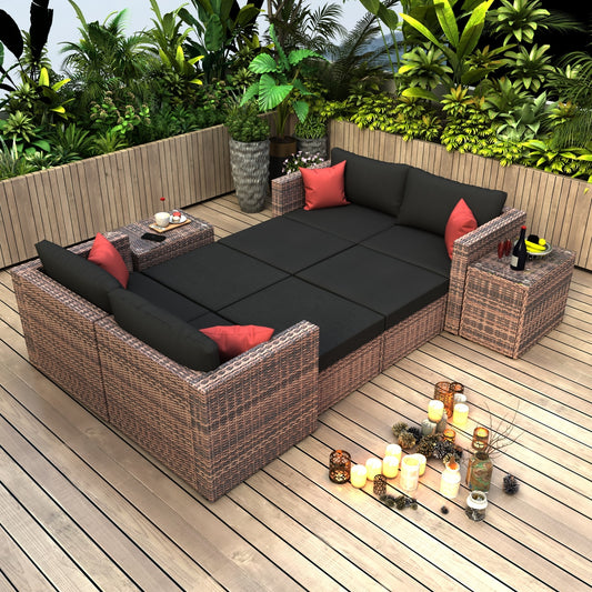 10 Pieces Outdoor Patio Garden Brown Wicker Sectional Conversation Sofa Set with Black Cushions and Red Pillows; w/ Furniture Protection Cover - BINTUD